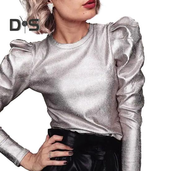 Spring Autumn Women Tops Round Neck Long Sleeve Pullover Tops Punk Style Solid Pink/Golden/Silver Color Loose Casual T-shirt Ladies Fashion Casual