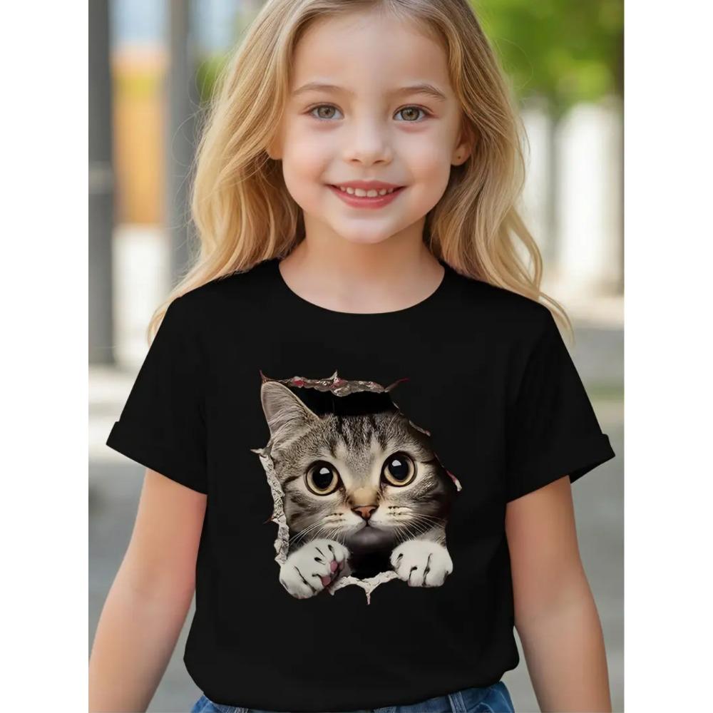 Cool Cat Girl Clothes Fashion Animal Print Summer Short Sleeve Tee Casual Loose Kids Top Outdoor Comfortable Children's Clothing