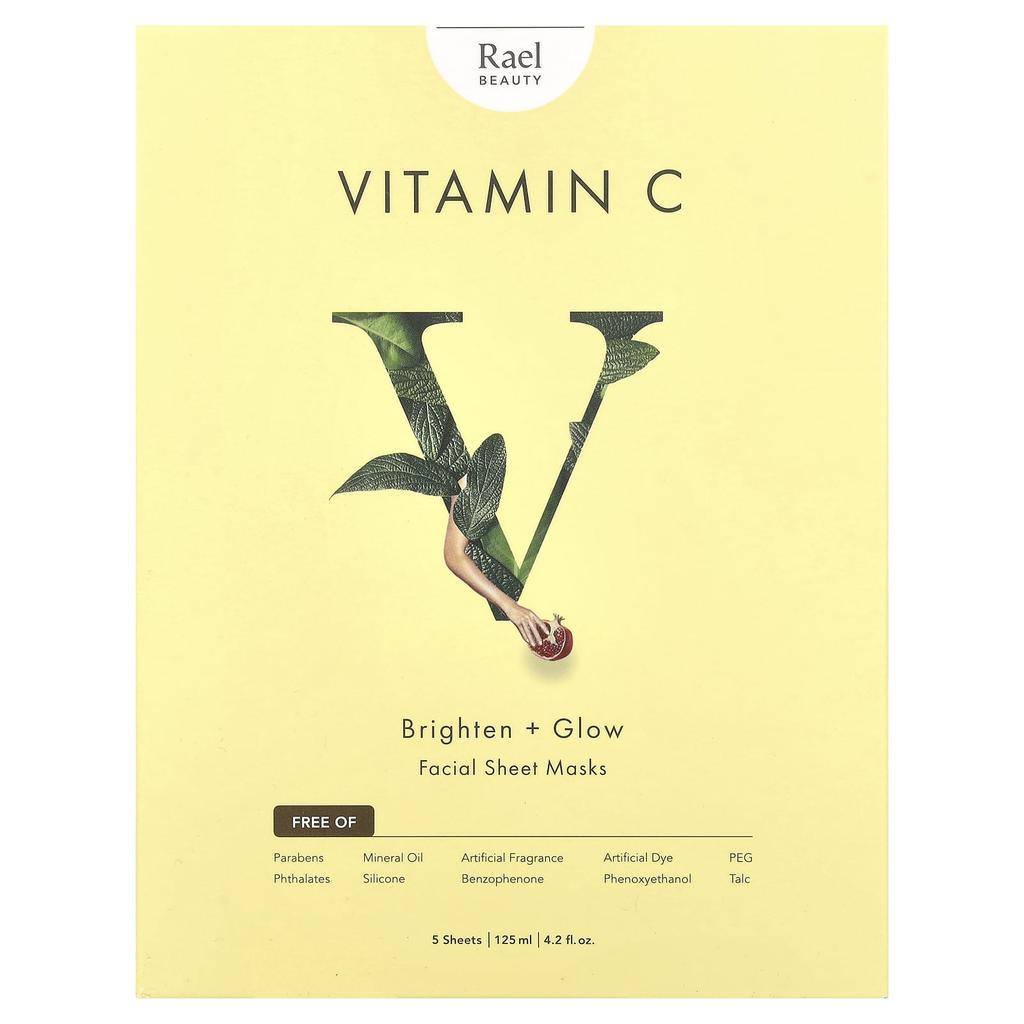 Rael, Витамин C, Осветляющая и сияющая маска для лица, 5 листов, 25 мл (0,84 жидких унций) каждый