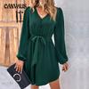 Женское платье весна-лето с v-образным вырезом, однотонное, темпераментное, элегантное, с длинными рукавами