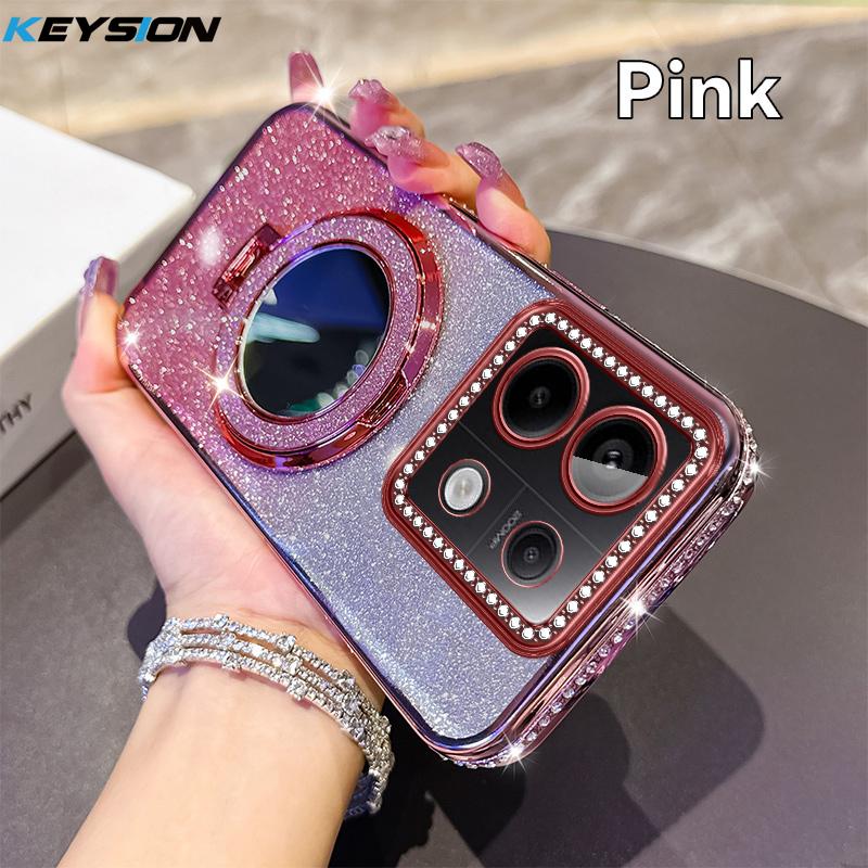 KEYSION Glitter Jewelled Magnetic Phone Case for Redmi Note 13 4G 13 Pro+5G Mirror Stand Shockproof Cover for Xiaomi POCO X6 M6 Pro