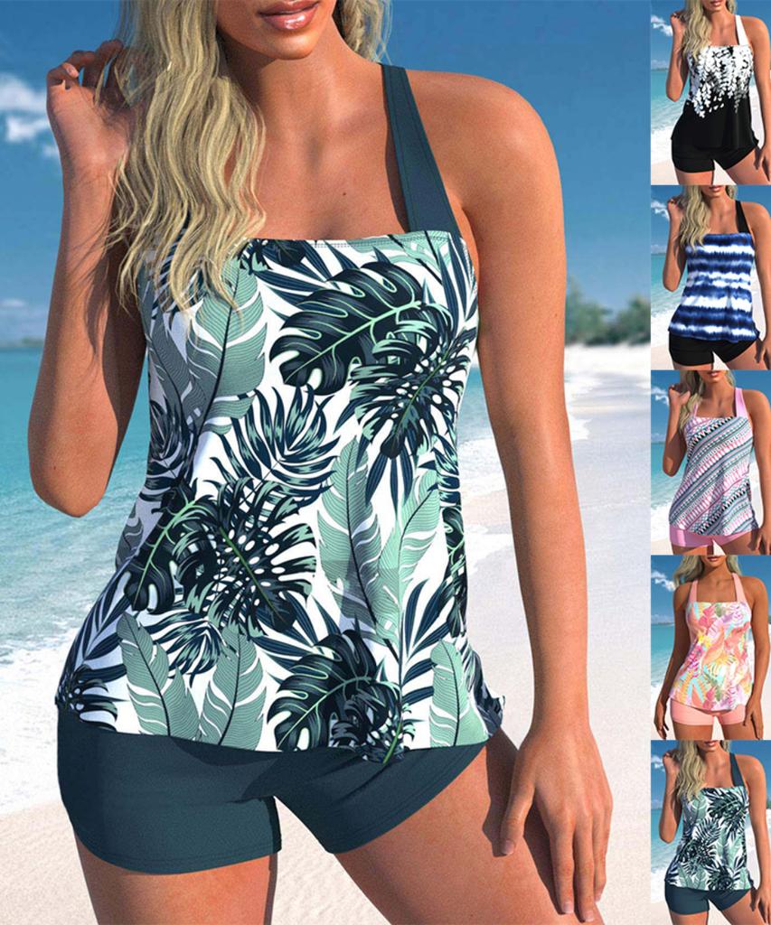High Quality Design Sexy Women's Bikini Pool Swimsuit Retro Fresh Leaf Print Hanging Neck Strap Swimsuit S-6XL