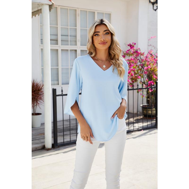 Летняя женская футболка, новый однотонный свободный топ с короткими рукавами и v-образным вырезом со средним рукавом