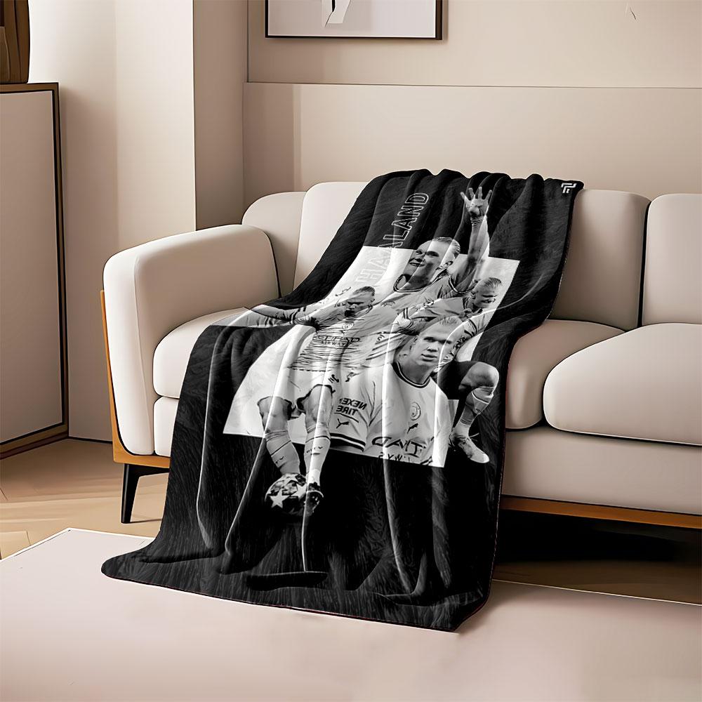 Collage of a soccer player in various poses on a textured black background. for all seasons blanket lunch break throw gift