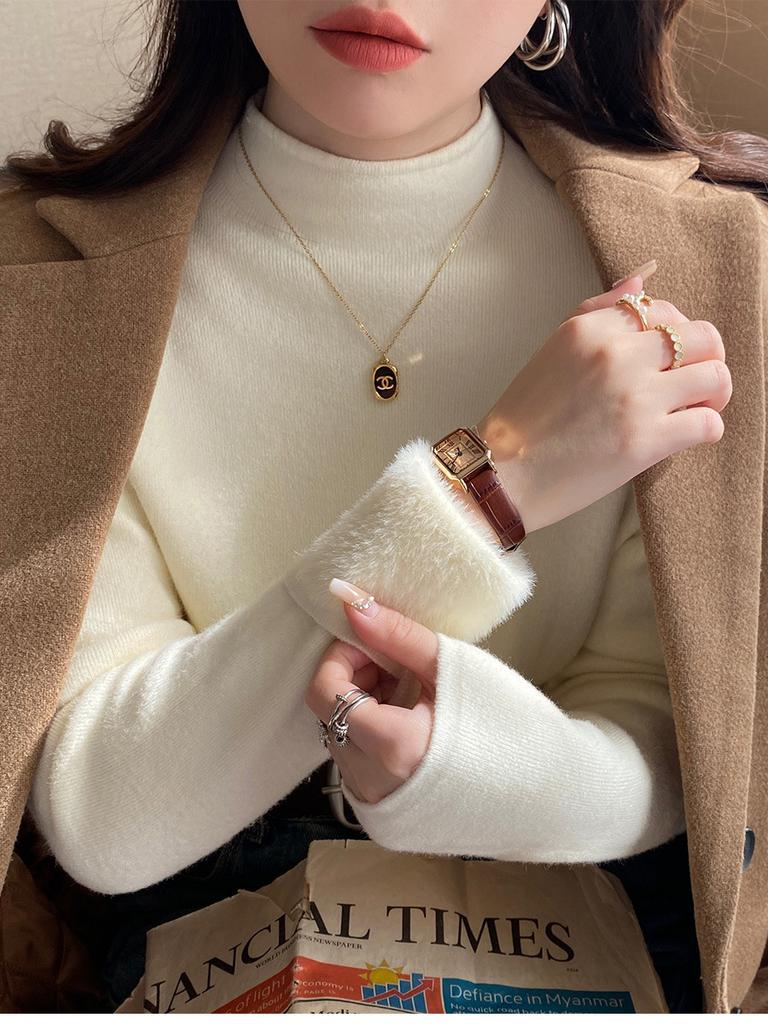 Yellow Semi-turtleneck Sweater Women's Autumn and Winter New Fleece Thickened Inner Integrated Fleece High-end Bottoming Top