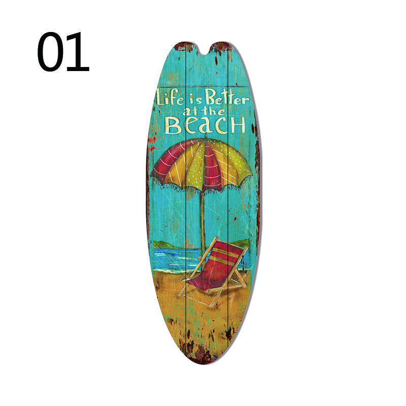 1PC Sea Surfboard Summer Beach Ocean Theme Decorative Wooden Printed Welcome Door Sign Home Board Vintage