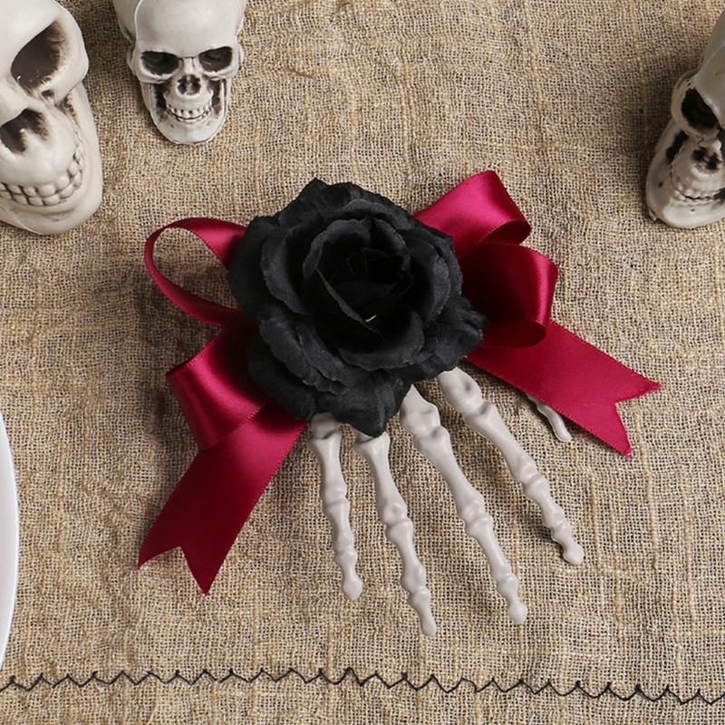 1pc Haunted Style Skeleton Hand Hair Clip Contrast Rose Bows Practical Plastic For Themed Dressing Up Event