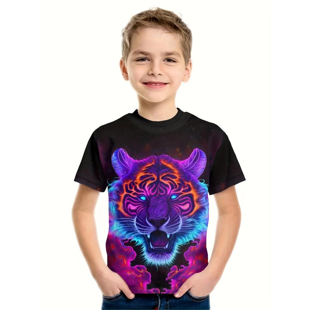 Children's Dragon Graphic 3D Digital Printed Boys' Fashion and Comfortable Round Neck Short Sleeved T-shirt