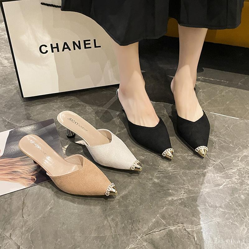 2025 Spring New Bag Head Half Slippers 33 Small Size Pointed Head Stiletto High Heels Fashion Muller Cool Slippers Women's Summer