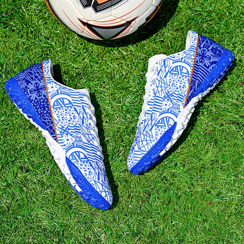 Мужские/женские синие и белые футбольные бутсы на резиновой мягкой подошве с короткими ногтями и искусственным покрытием, молодежные футбольные бутсы