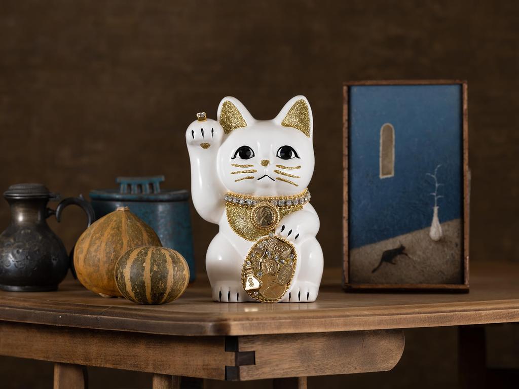 Счастливый кот Миллионер Кот-правая рука Счастливый кот Манеки Кот Счастливый фэн-шуй Украшение Коробка для пожертвований (M-SIZE Белый) Поднятый/Керамический_Lucky (ml_M Белый)