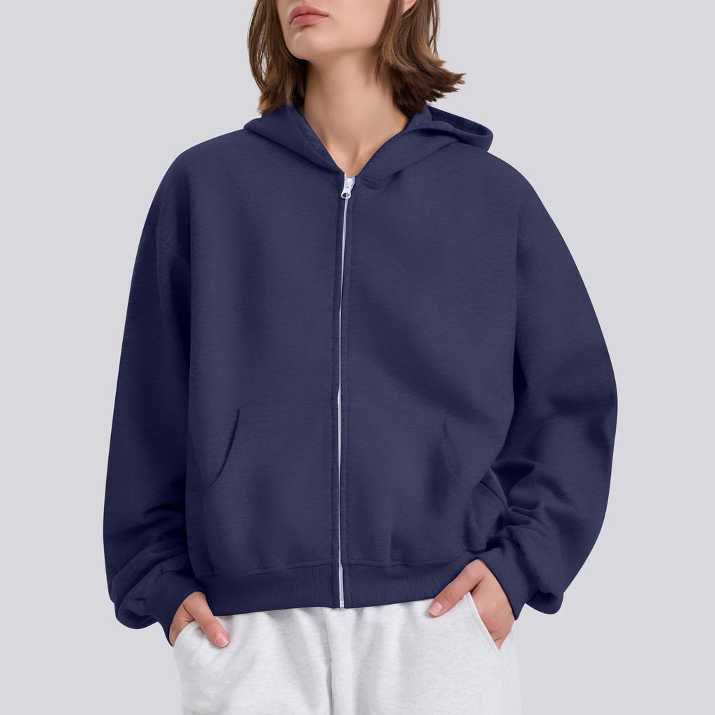 Женская однотонная свободная толстовка с капюшоном на молнии с длинным рукавом