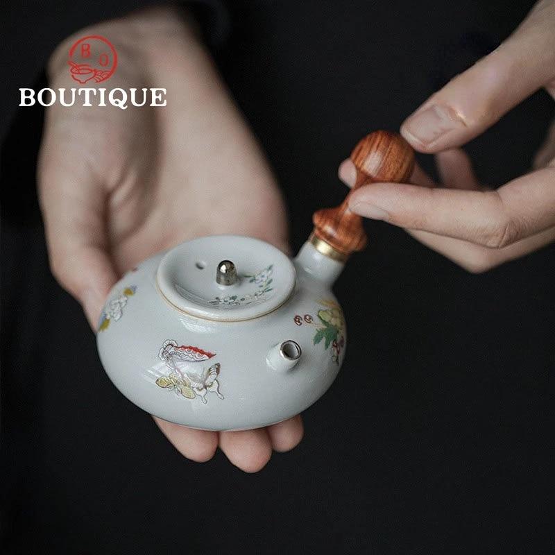 90ml Antique Walnut Handle Ceramic Side Handle Pot Tea Maker Hand-held Sketch Pot Small Kettle Filter Literati Room Tea Set