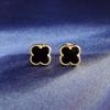 7MM Four-Leaf Clover Black Agate Earring 925 Sterling Silver 14K Gold Plated Earrings