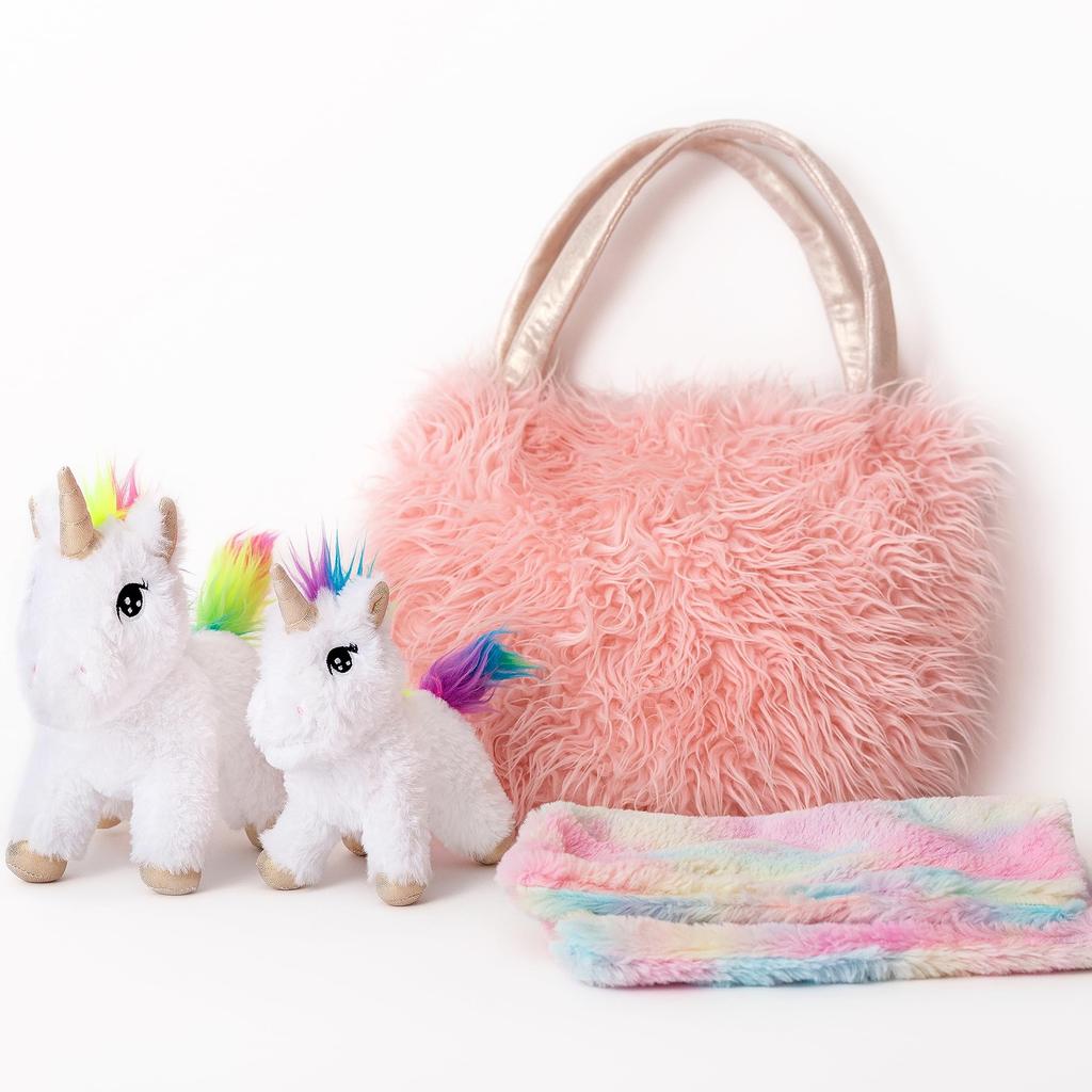 Perfectto Design Unicorn Toys for Girls Ages 3-10 4-Piece Set - Mommy and Baby Plush Toy, Bag, and Doll Blanket. Unicorn Gifts for Girls Ages 3-8,