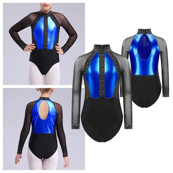 Kids Figure Skating Dress Shiny Rhinestone Ballet Lyrical Dance Costume Rhythmic Gymnastics Leotard Athletic Bodysuit