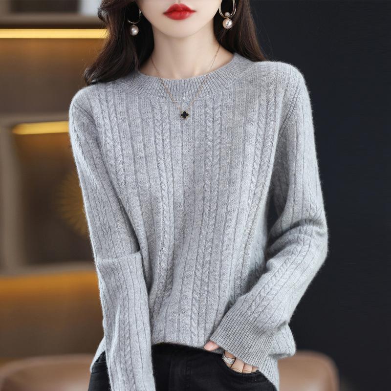 Fashion All Match Fried Dough Twists Sweater Women's Solid Round Neck Knitted Pullover Top