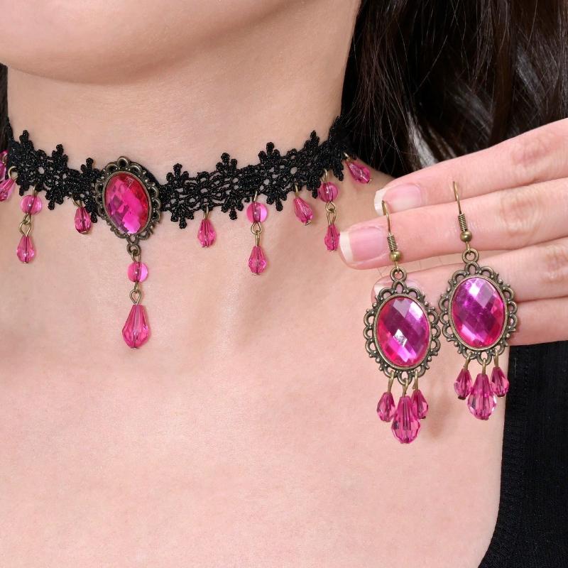 1 комплект серег-подвесок с кисточками из страз в темном готическом стиле и ожерелье, винтажные богемные кружевные серьги-подвески на цепочке