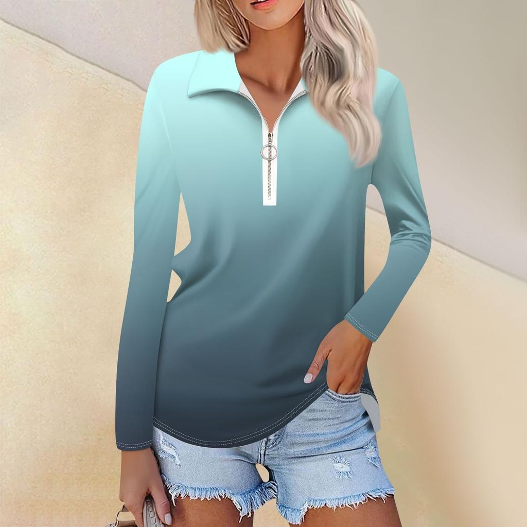Женская весенняя и модная повседневная рубашка с принтом на молнии с V-образным вырезом и длинным рукавом