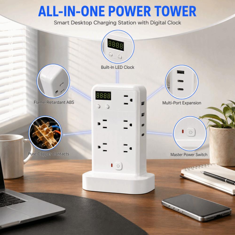 10 AC Outlets Vertical Power Strip Flame-Retardant ABS USB Charging Station Daily Use