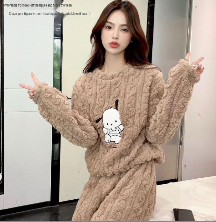 Женский утолщенный фланелевый пижамный комплект из кораллового флиса на осень/зиму 2025 с длинным кардиганом, больших размеров, теплая домашняя одежда.