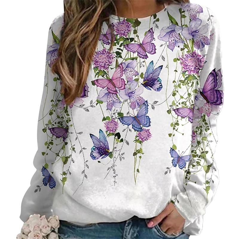 Autumn/Winter New Loose Round Neck Long Sleeve Vintage Pullover Daily Street Elegant Top Printed Fashion Women's Hoodie