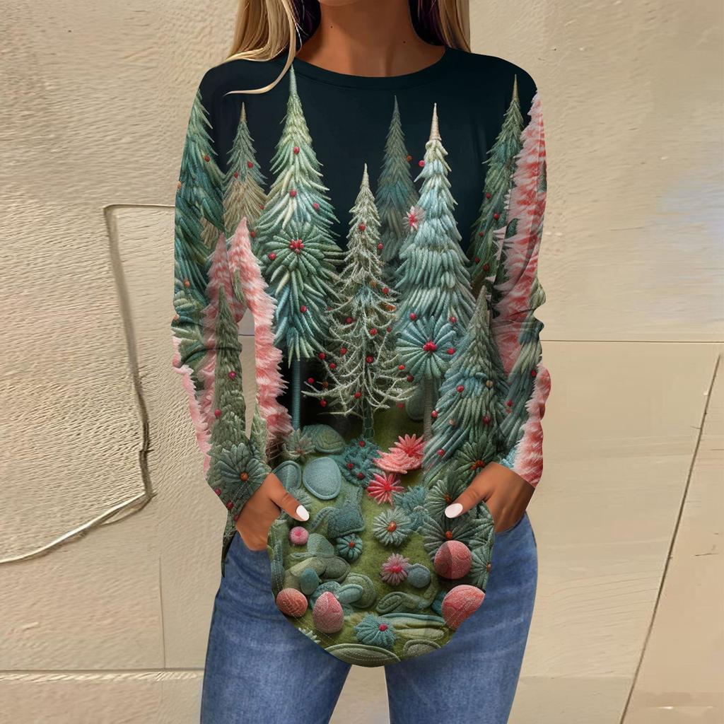 Женская свободная футболка с круглым вырезом и длинными рукавами с принтом в стиле ретро, пуловер на Рождество
