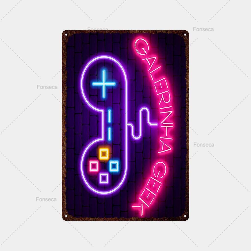 Неоновая игровая вывеска, металлическая вывеска, винтажная жестяная вывеска, металлический винтажный бар, винтажное украшение стены, металлический постер с клубной дыркой