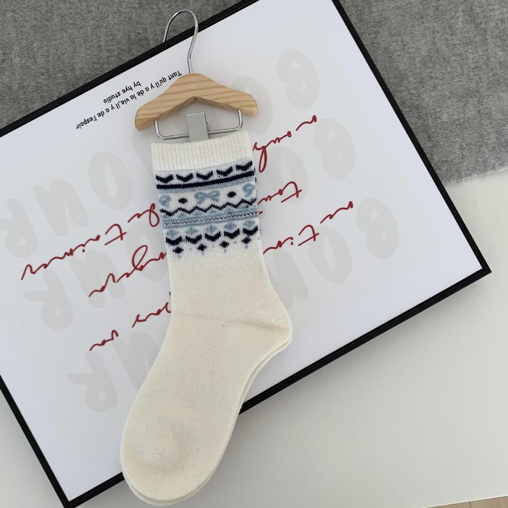 Шерстяные носки в стиле Fair Isle с ретро-цветовыми блоками - Средняя высота, тепло для осени и зимы