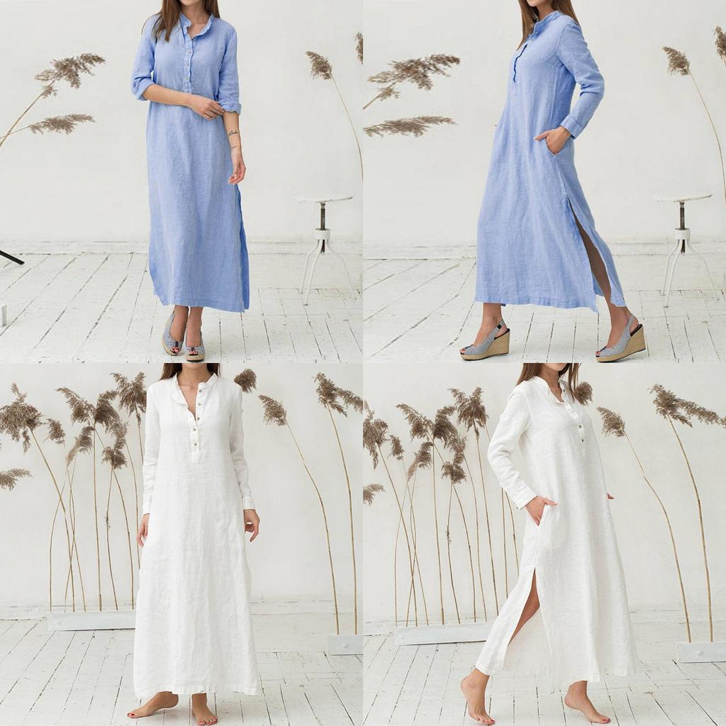 Luxurious Women's Kaftan Cotton Long Sleeve Plain Casual Oversized Maxi Shirt Dress