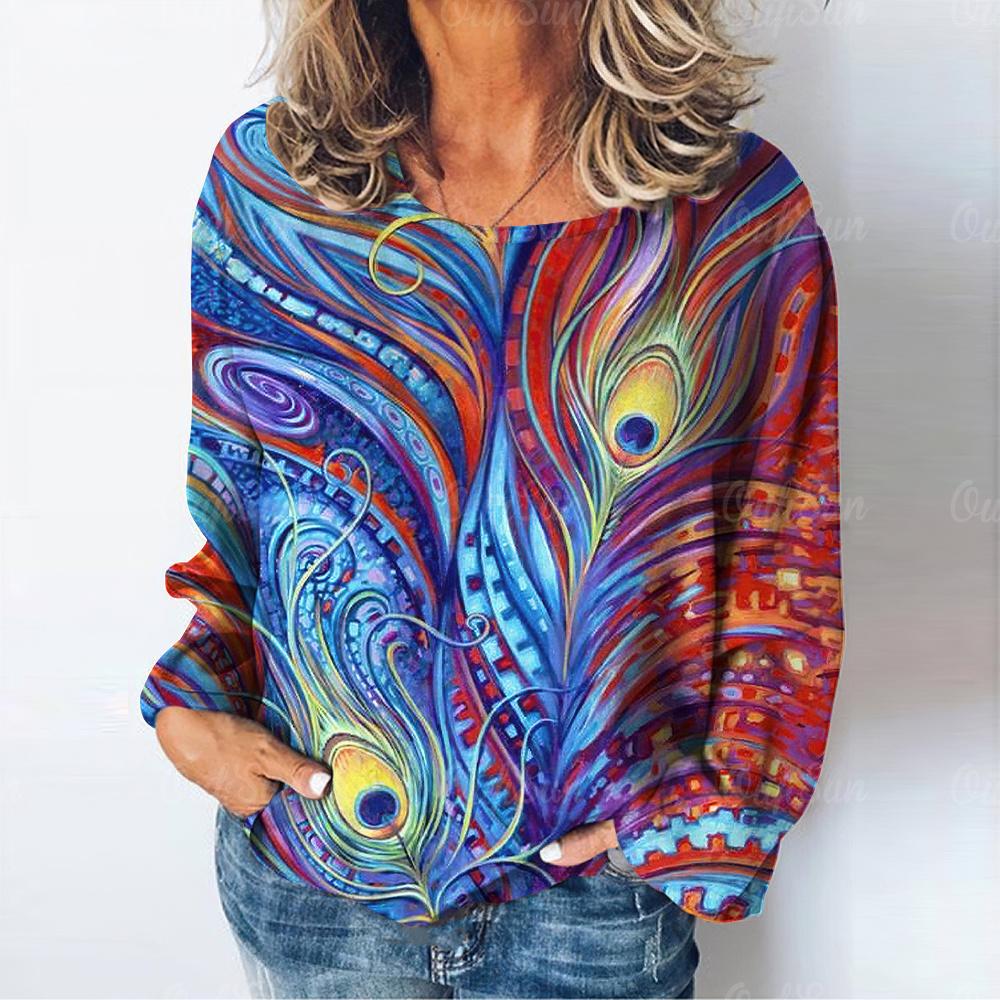 Summer O Neck Women T-Shirts Peacock Feather Graphic Fashion Long Sleeve Harajuku Y2k Top Oversized Casual Female Cotton T Shirt