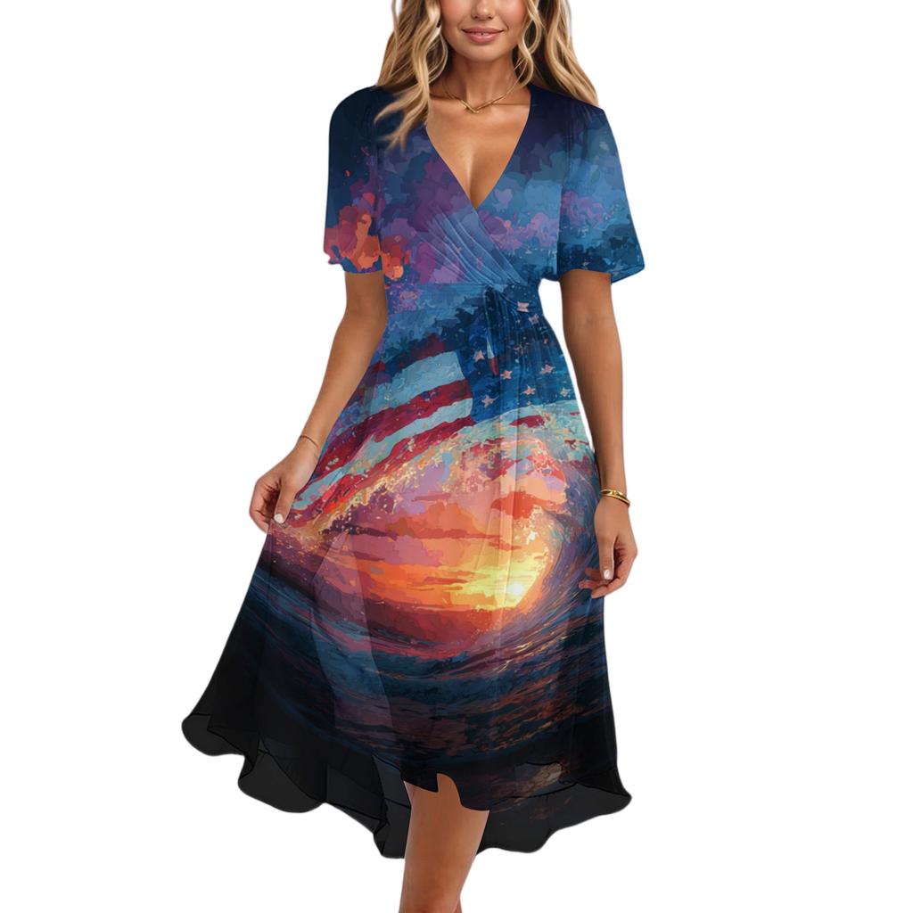 Женское повседневное платье с V-образным вырезом, коротким рукавом и принтом ко Дню независимости