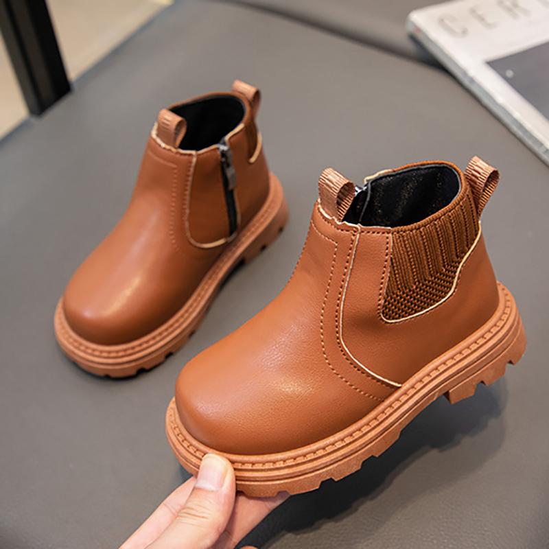 Модные короткие ботинки для мальчиков и девочек, нескользящие ботинки в британском стиле, детские ботинки с боковой молнией, кожаные ботинки с противоскользящим покрытием