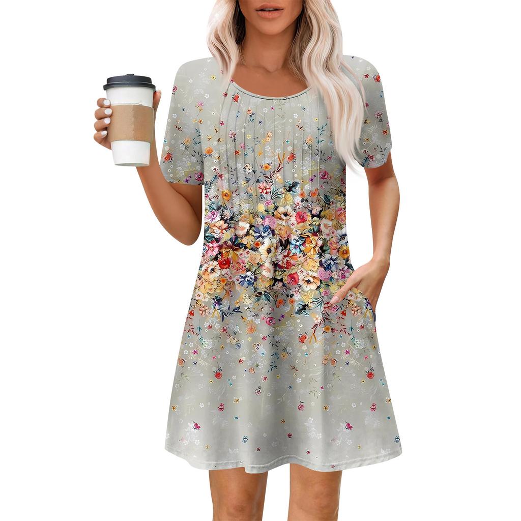 Женское летнее платье свободного покроя для пляжного отдыха, сарафан с коротким рукавом и круглым вырезом, с карманом, с коротким рукавом, платье-рубашка