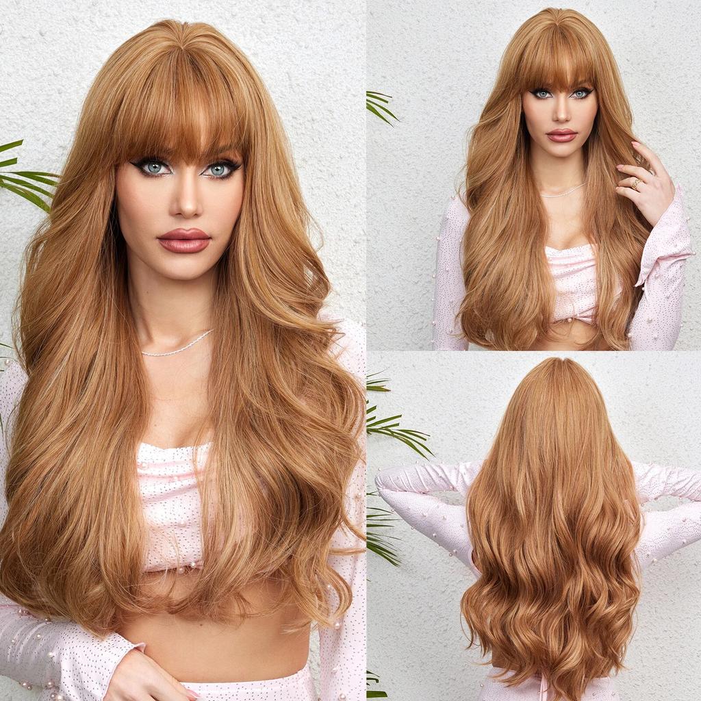 LOUIS FERRE Черные волнистые синтетические парики для женщин, натуральные длинные волосы с челкой, парик из термостойкого волокна для ежедневного использования