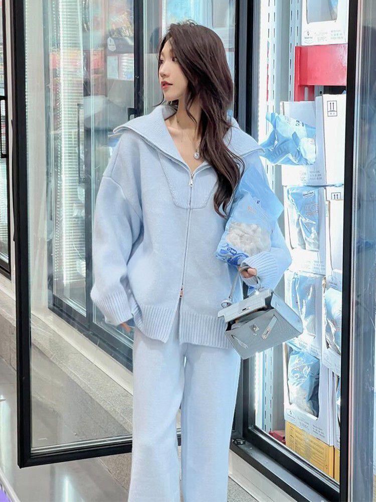 Комплект женской спортивной одежды в корейском стиле: Вязаный кардиган на молнии и широкие брюки для осени/зимы