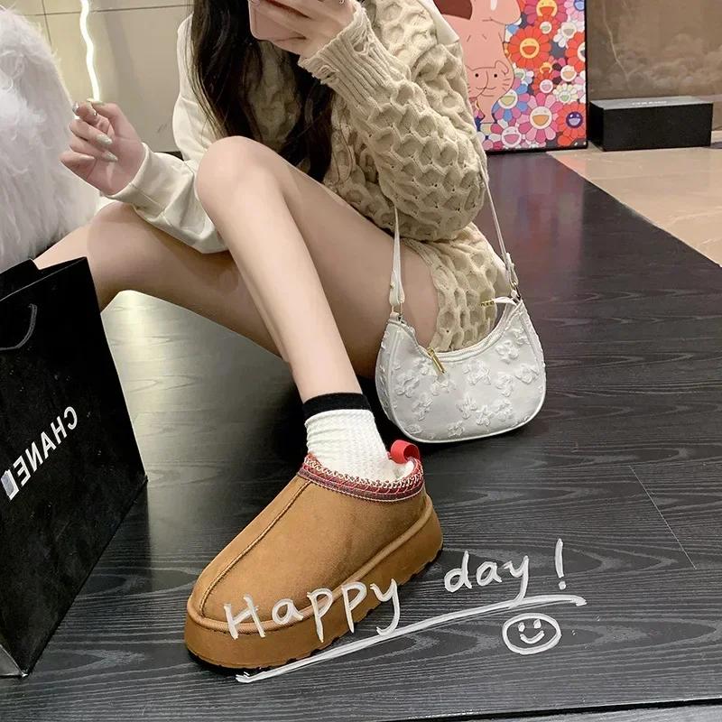 Модные зимние сапоги для женщин, зимние новые кашемировые теплые толстые подошвы без каблука, покрытые волосами, полутапочки из хлопка для ботинок на платформе