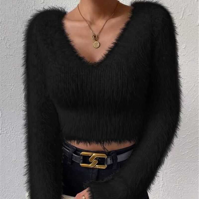 Women‘s Stylish Solid Short Plush Sweater Fall Winter Soft Comfortable Warm Simple Sweater for Lady V-neck Long Sleeve Slim Short Sweater