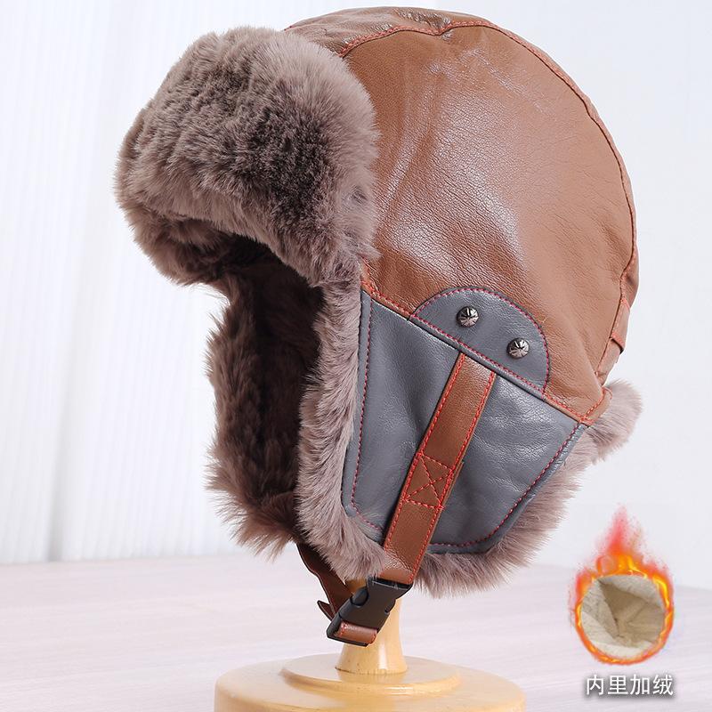 Retro pilot hat men's and women's winter velvet PU leather warm Lei Feng hat Northeast outdoor cycling ear protection hat