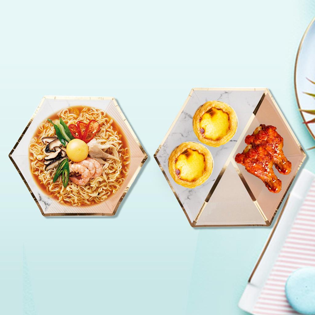 Набор одноразовой посуды на 8 гостей. Одноразовая бумажная посуда с мраморным узором. Шестиугольные тарелки.