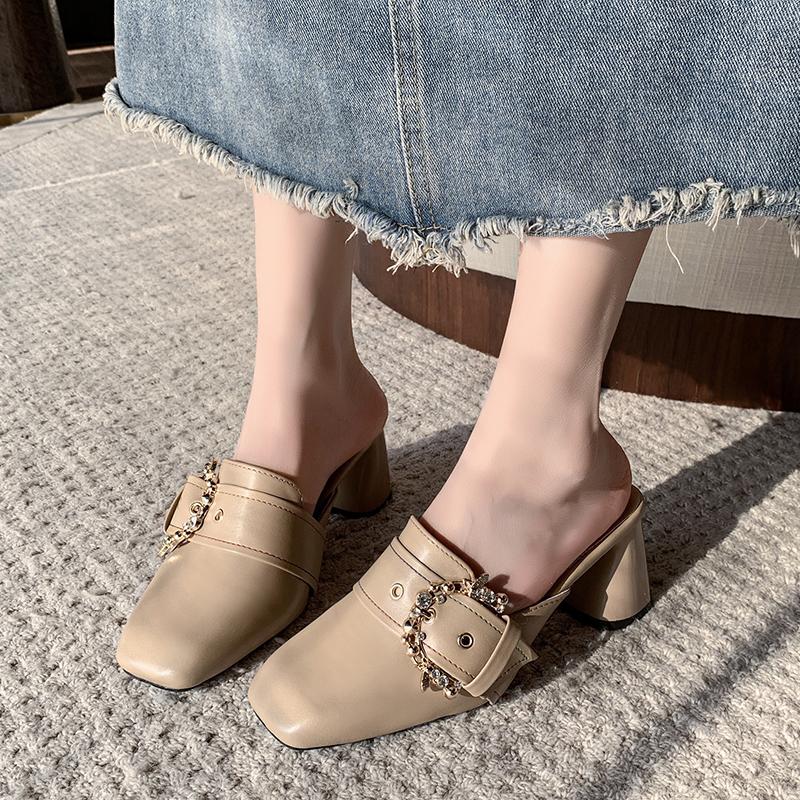 Fashion Baotou High Heels Summer New Square Head Rivets Metal Buckle Set Foot Anti-slip Wear-resistant Thick Heel Shoes