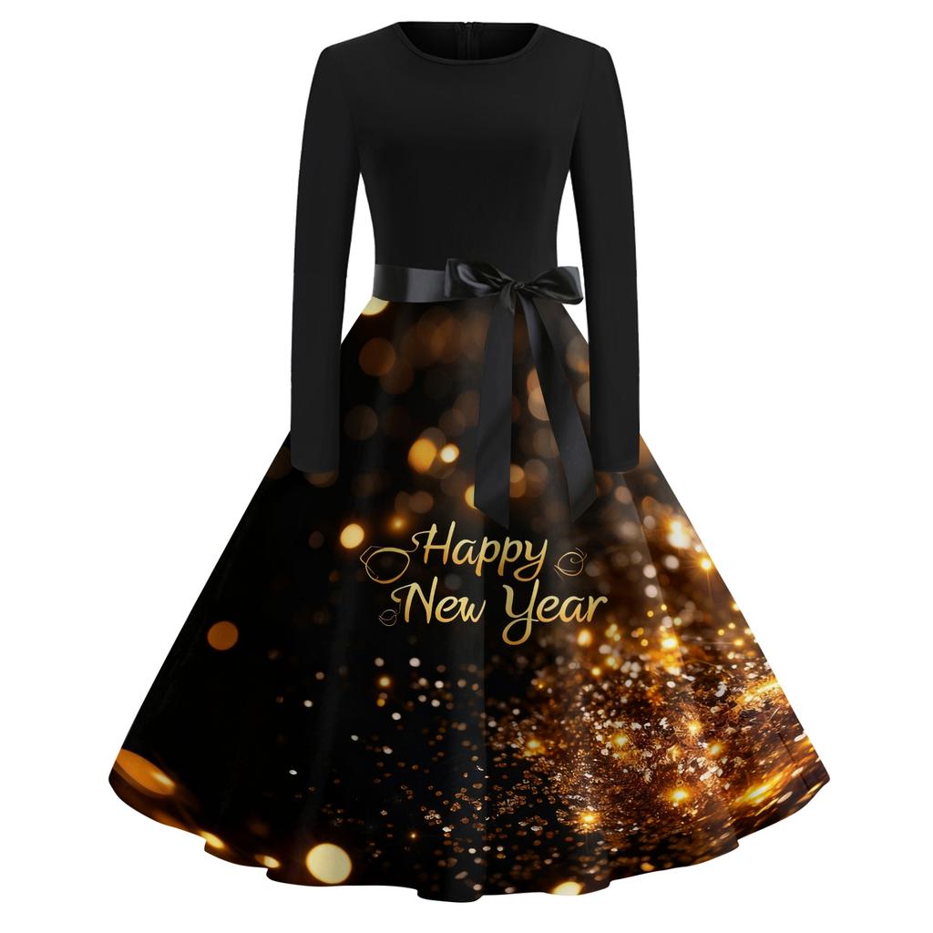 Женское повседневное модное платье с круглым вырезом и длинным рукавом с новогодним принтом в ретро-стиле