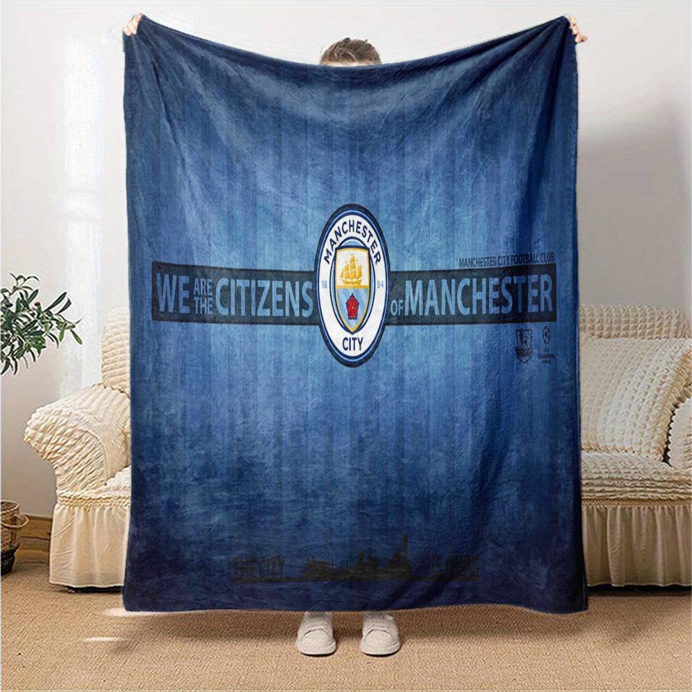 Football Manchester Crest Flannel Blanket, Soft Polyester, Modern Design, All-Season for Camping, Travel, Gifts for holidays or birthdays