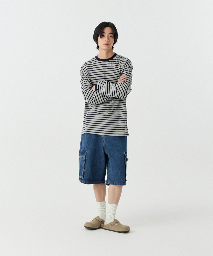 STENDS [M~4XL] Полосатая футболка с длинным рукавом_Серый