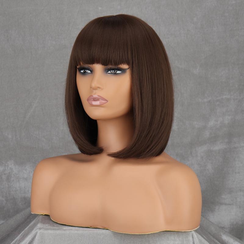 MISS WIG Женский короткий прямой парик Боб с челкой Синтетическое волокно Серый Косплей Повседневная одежда Парик Боб длиной до плеч