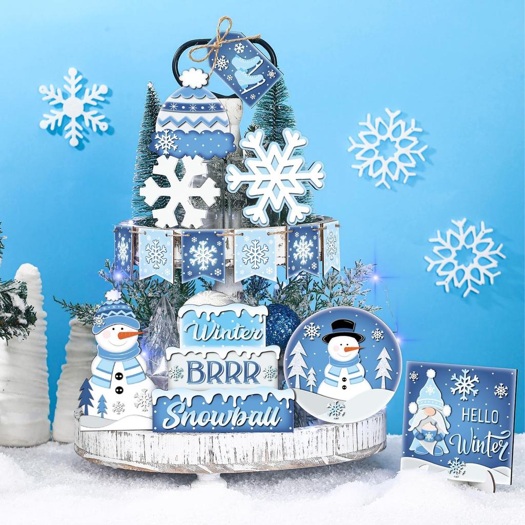 Christmas Tiered Tray Decor,Christmas Tree Rustic Farm-House Wooden Signs Decorations For Kitchen Home Table Party Supplies, Tray Not Include(9pc)