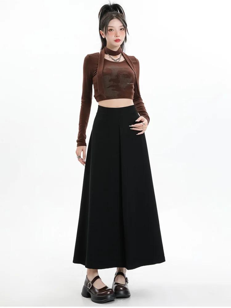 Винтажный серый костюм, юбка трапециевидной формы, женская весенне-осенняя плиссированная юбка средней длины с высокой талией, черная