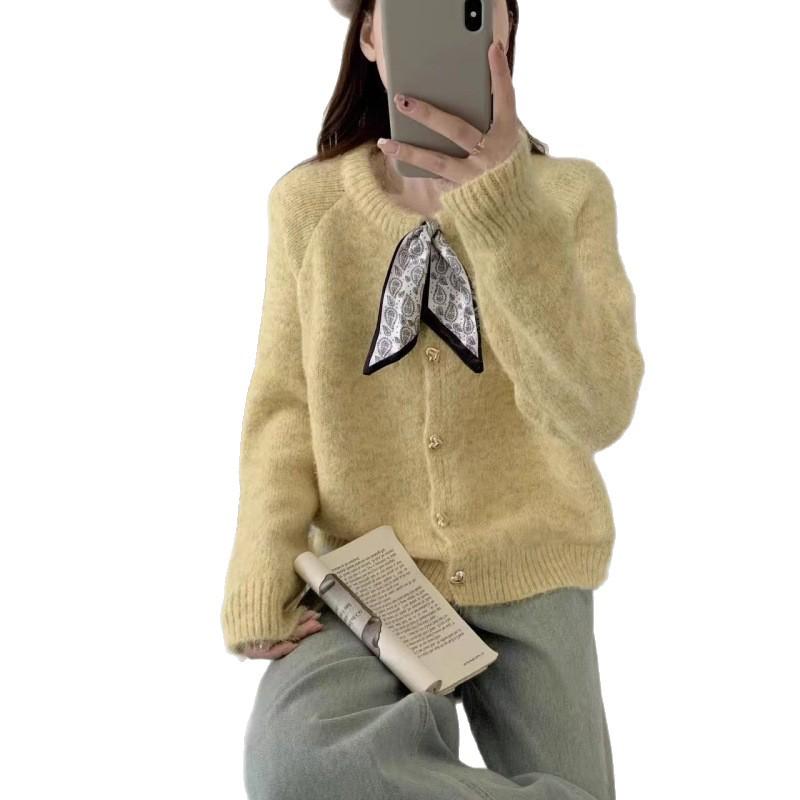 Шелковый лоскутный вязаный кардиган - Женский осенне-зимний корейский стиль, свободный крой, круглый вырез