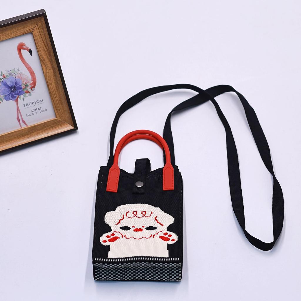 Women Cartoon Knitted Handheld Outdoor Crossbody Bag Leisure Cute Inclined Shoulder Bags Snap Button Mobile Phone Bags