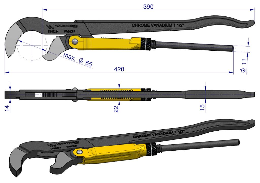 Swedish adjustable pipe pliers, -type jaws, max. opening 55mm, length 420mm, Waryński